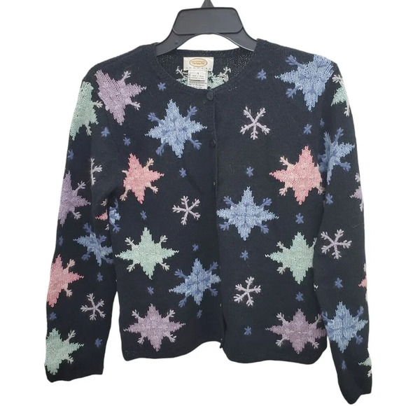 Talbots Petite Y2K Black Linen Blend Knit Pastel Snowflake Button Up Cardigan S - Picture 1 of 7